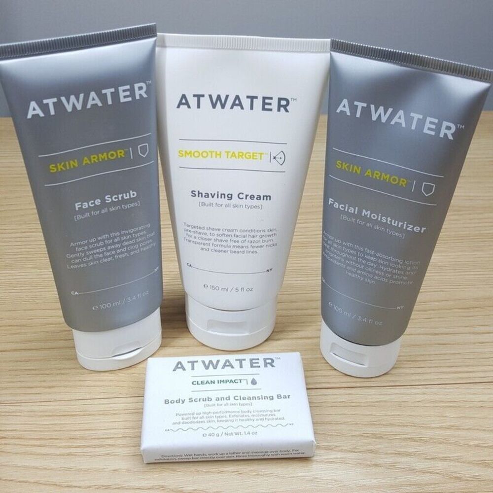 ATWATER Mens Skincare 4 Pc Set Face Scrub Moisturizer Shaving Cream Cleansing